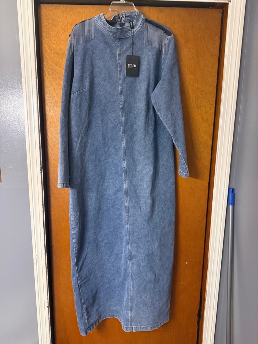 STYLEWE Washed Blue Denim Maxi Dress with High Collar